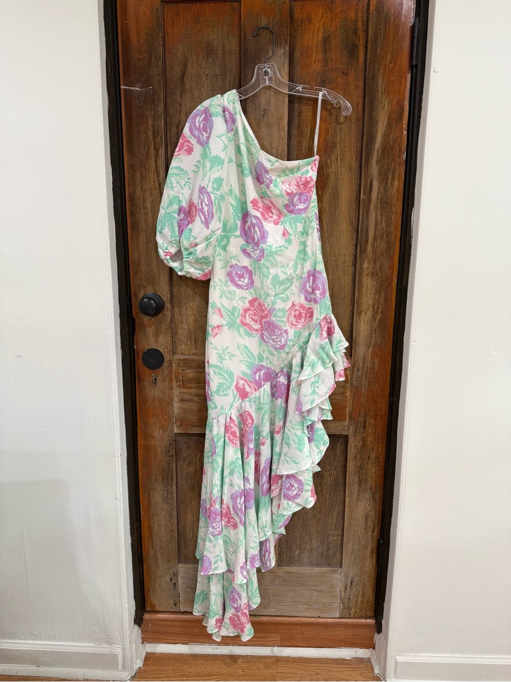 Asymmetrical One-Shoulder Floral Dress in Mint and Pink